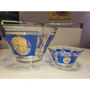 Mid Century Modern Atomic Hazel Atlas Blue and Gold Grapes Chip and Dip Bowls